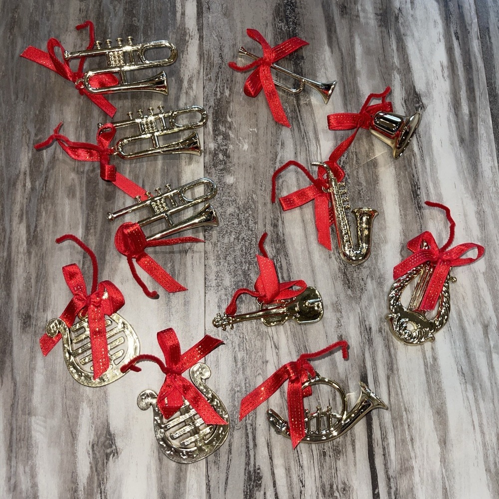11 Vintage Plastic Gold Instruments Music Christmas Ornaments Orchestra Band